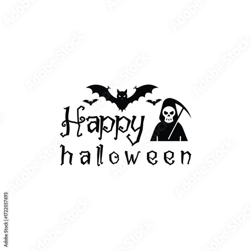 Black Grim Reaper Bats and Happy Halloween Text Graphic