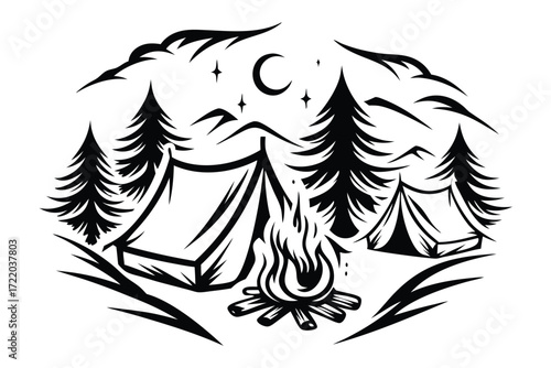 Camping with Tent, Trees, Fire, Stars & Crescent Moon, on White