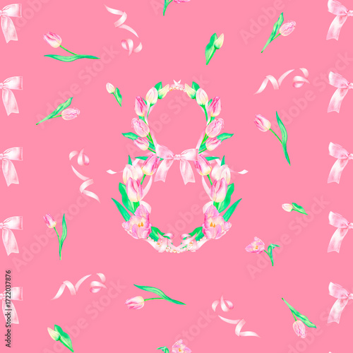 Wallpaper Mural Festive seamless pattern with a beautiful composition of the number eight for International Women's Day with pink tulips, ribbons, bow and gold pearls, hand drawn in watercolor. Torontodigital.ca