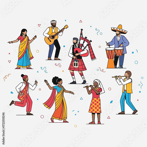 Diverse cultural group of musicians celebrating together with various instruments and festive attire