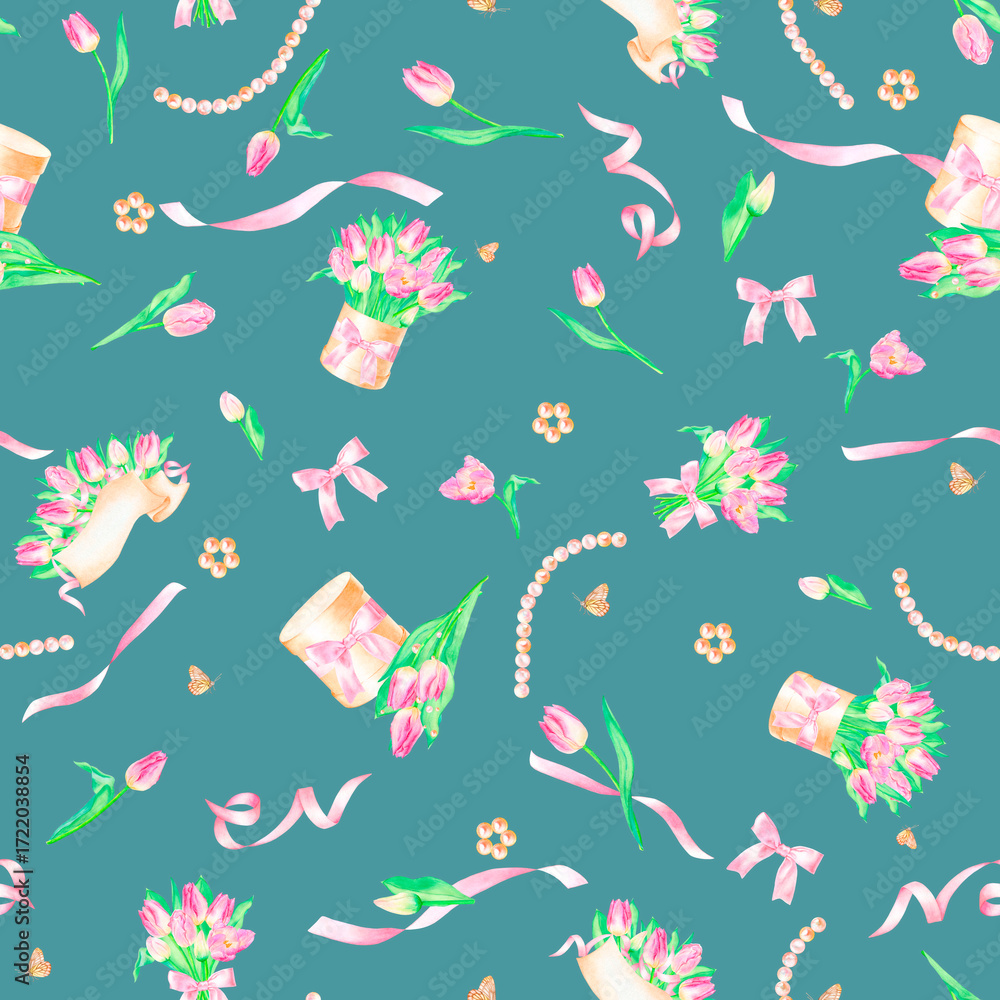 Fototapeta premium Seamless pattern with bouquet, template, box with bow pink tulips ribbons pearls, hand drawn in watercolor.