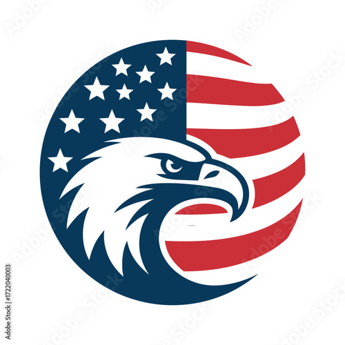 Circular American eagle logo with patriotic flag elements featuring red stripes, blue stars, and white silhouette on clean background
