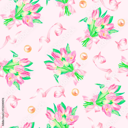 Wallpaper Mural Seamless watercolor pattern with hand drawn tulip bouquet with pink ribbon and pearls. Torontodigital.ca