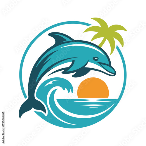 Circular dolphin logo in teal blue leaping over wave with orange sunset and green palm tree in modern tropical beach design