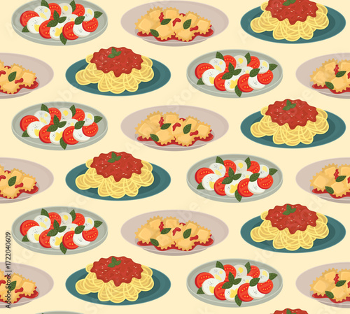 Seamless pattern with appetizing Italian cuisine dishes. Backgrpund with pasta bolognese, ravioli and caprese salad