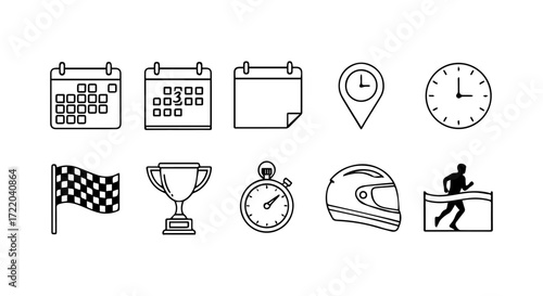 Monochrome line art icon collection for racing competitions, athletic events, and time-related concepts like calendars and stopwatches