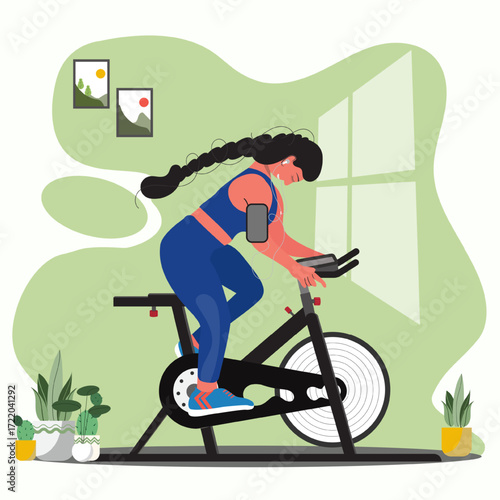 exercise woman with bike,indoor cycling,— A woman with long hair rides a stationary bike at home, wearing sportswear and earphones, Ideal for health, wellness, or home workout promotions.