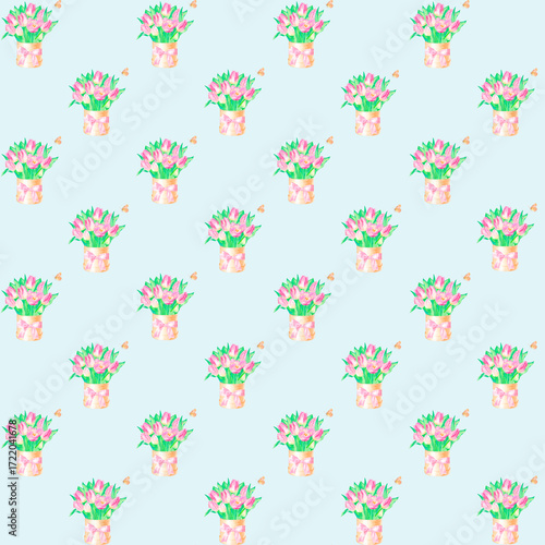 Wallpaper Mural Seamless pattern with a beautiful bouquet of tulips in a box, hand-drawn in watercolor. Torontodigital.ca