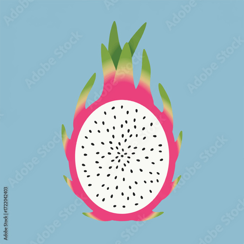 A halved dragon fruit with white flesh black seeds and pink scales on a blue background