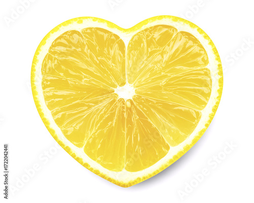 Vibrant yellow lemon slice in a heart shape for a touch of zest and love, perfect for health, wellness, or creative food designs