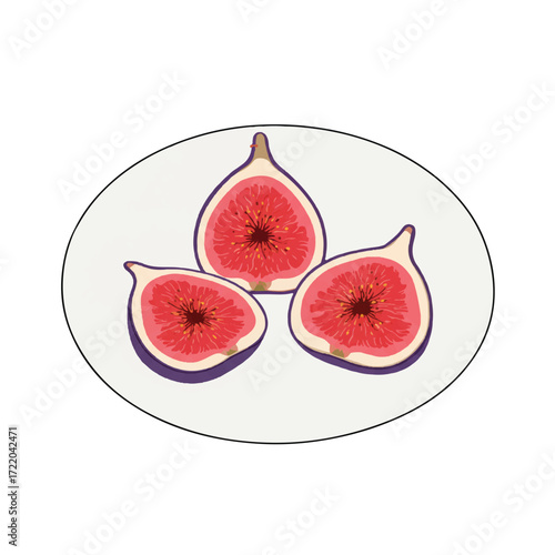 Three halves of ripe figs on a light gray oval background