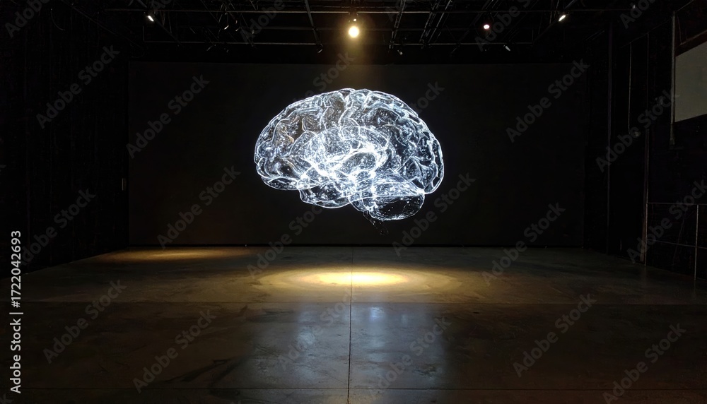 Obraz premium A glowing holographic representation of the human brain is projected onto a dark stage in a futuristic exhibition setting.