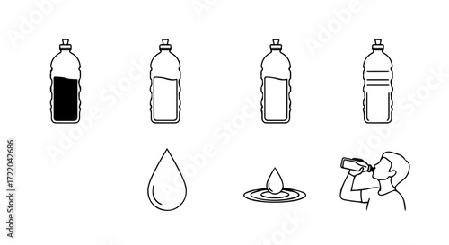 Collection of simple water icons including full and empty bottles, drops, ripples, and a person drinking, symbolizing hydration and wellness