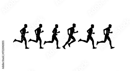 Animation sequence of a running man silhouette, depicting the various phases of a runner's stride cycle for motion graphics or sprite sheets
