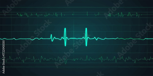 A medical electrocardiogram shows a healthy heart's rhythmic, pulsing beat on a digital monitor screen