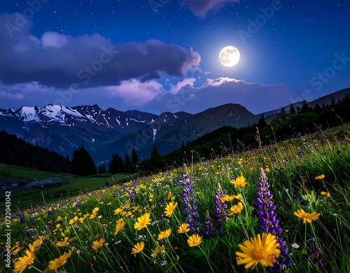Mountain meadow under a full moon
