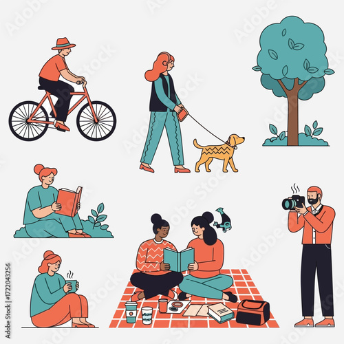 People enjoying the outdoors in various activities, with a dog