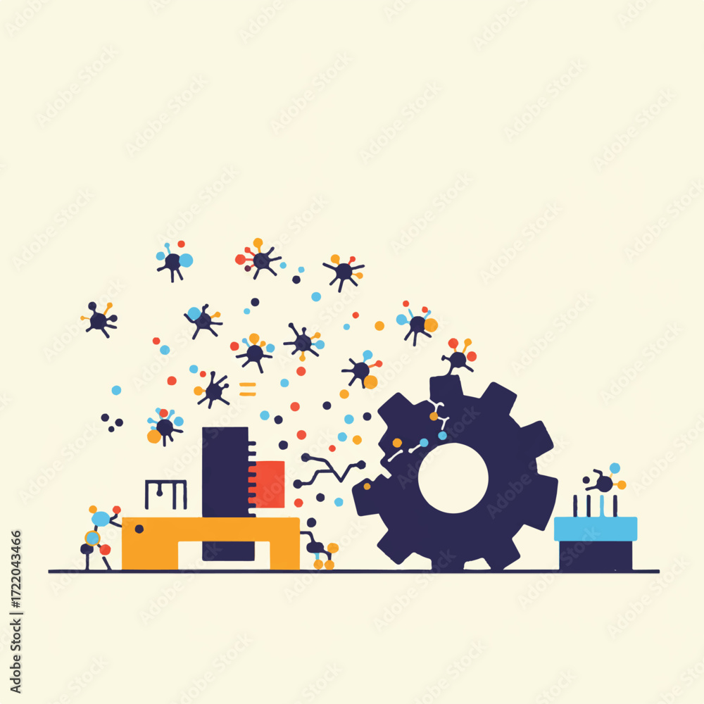 Naklejka premium Abstract illustration of small figures interacting with a gear and factory