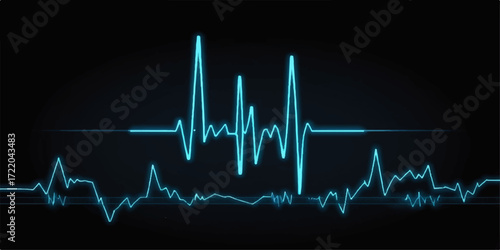 An abstract medical graph illustrates the rhythmic heartbeat pulse on a green electrocardiogram monitor
