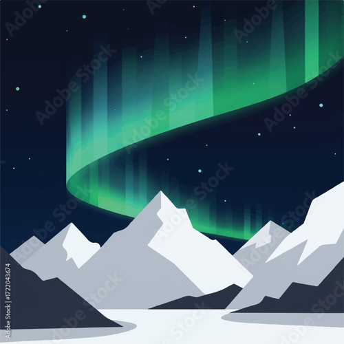 Aurora borealis over snowcapped mountains and a frozen body of water