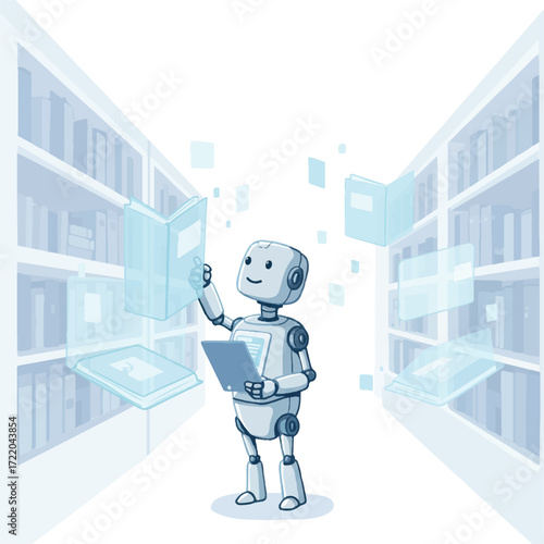 A robot stands in a library aisle interacting with digital books
