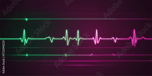 A medical illustration shows a green electrocardiogram (ECG) heartbeat wave on a monitor screen