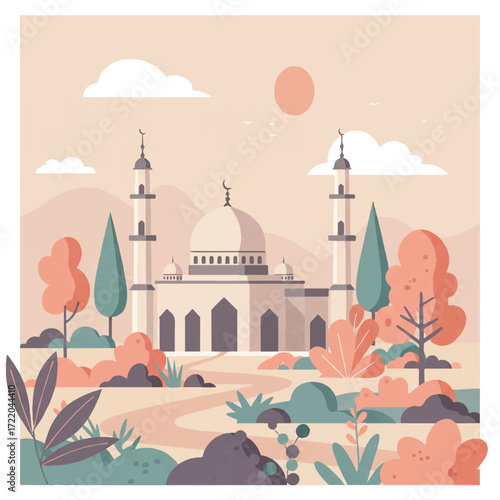 A minimalist illustration of a mosque with a dome and two minarets