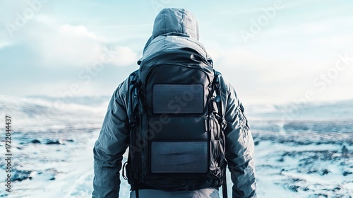 Smart fabric jacket with integrated climate control, person hiking in a snowy landscape, subtle glow from heating elements, outdoor adventure gear.  