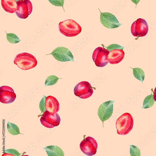 Wallpaper Mural Seamless watercolor pattern with hand drawn plum with leaves and half a plum. Torontodigital.ca