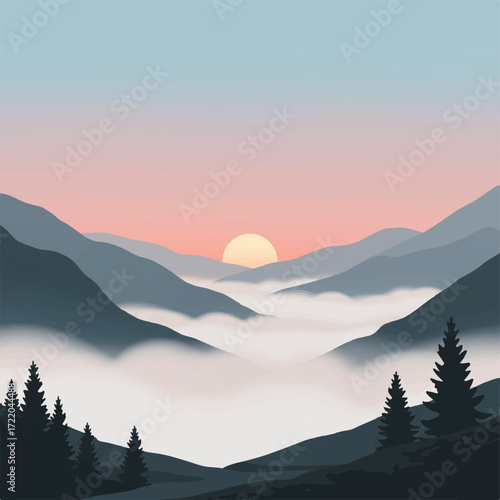 Misty mountain sunrise with silhouetted pine trees