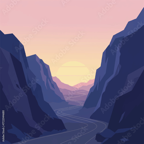 Pixel art landscape of a winding road through a mountain pass at sunset