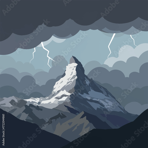 A snowcapped mountain is lit by lightning under a stormy sky