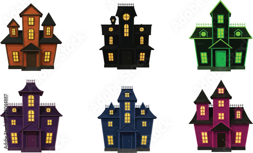 Collection of scary haunted houses for halloween designs and decorations, vector illustration