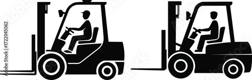 Two silhouette forklifts with drivers operating industrial warehouse machinery vector