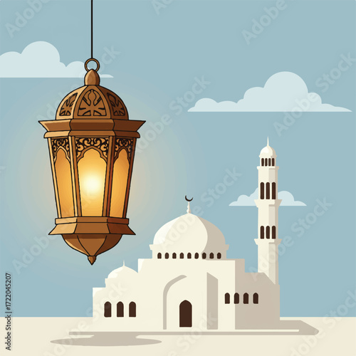 Illuminated lantern hangs in front of a mosque under a cloudy sky
