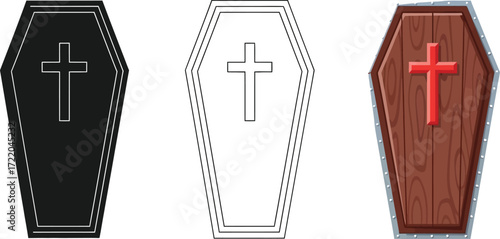 Set of coffin vector illustration outline, silhouette and colored version of casket with cross funeral and burial concept for halloween