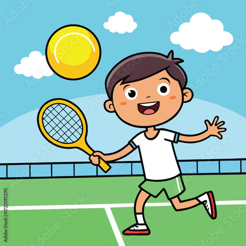 Cartoon boy playing tennis with yellow racket on green court
