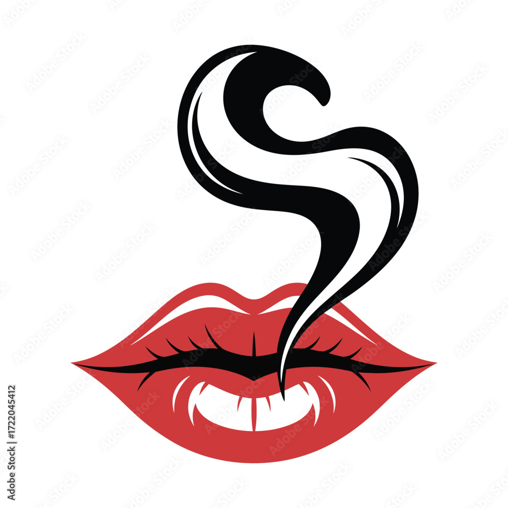 Fototapeta premium Minimalist red lips graphic with graceful gray smoke curl rising in S-shape on white background in bold stylized design