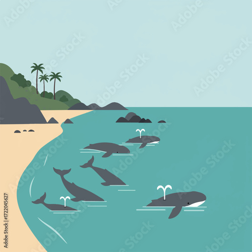 Whales spouting in the ocean near a sandy beach with palm trees