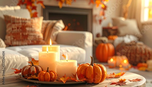 A cozy autumn living room scene features candles, pumpkins, and fall foliage on a coffee table, creating a warm and inviting atmosphere