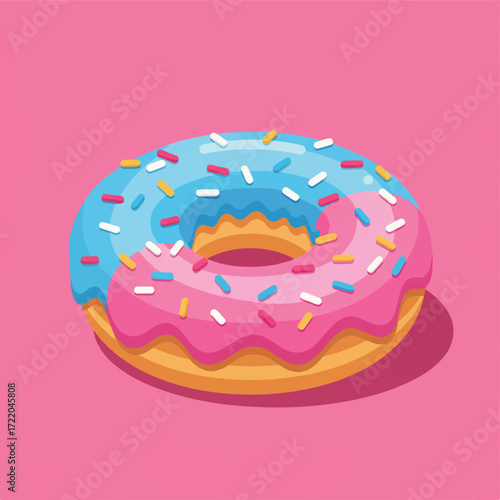 A donut with pink and blue icing and colorful sprinkles on a pink background