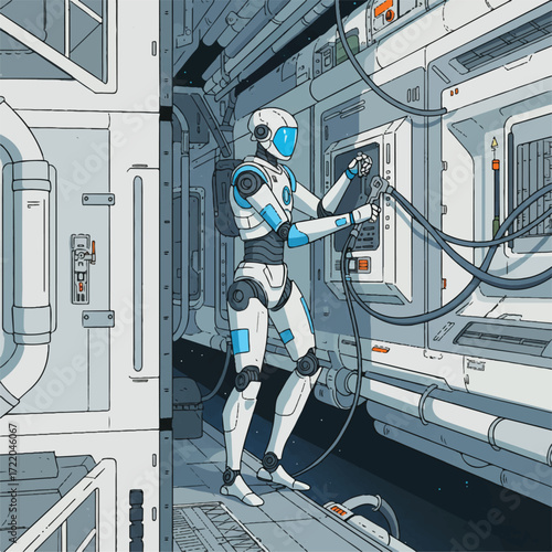 Robot working in a futuristic spaceship corridor