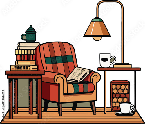 Cozy armchair with books and lamp reading