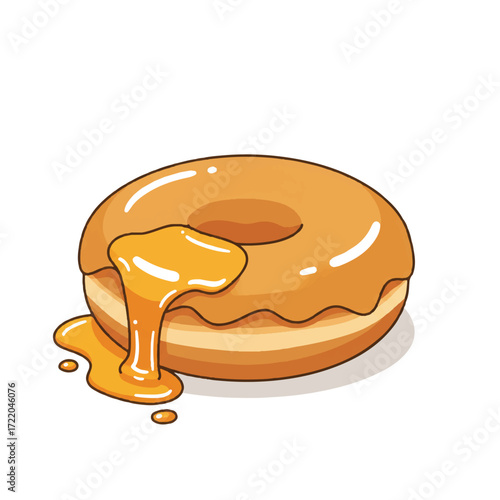 A cartoon donut covered in orange glaze with melting caramel