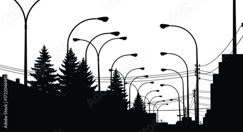 Urban street silhouette scene, power lines and streetlights, black and white illustration, city infrastructure icon, architectural depth design