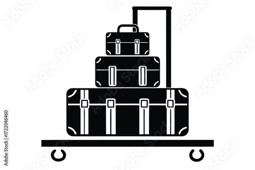 Black Silhouette of Stacked Suitcases on a Luggage Cart Keywords: suitcase, luggage, travel, bag, baggage