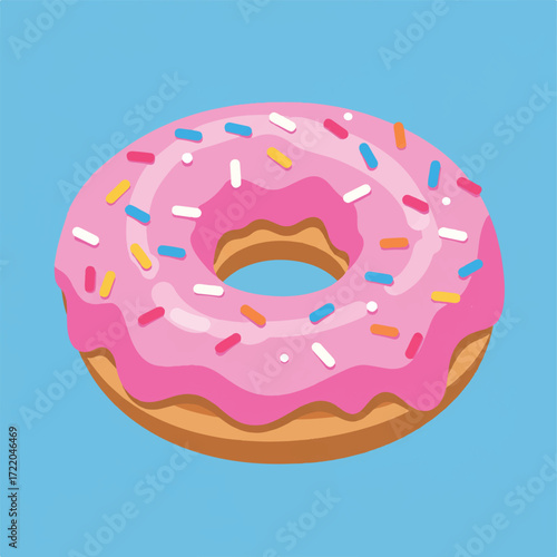 A pink frosted donut with colorful sprinkles on a blue background