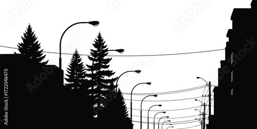 Urban street silhouette with buildings and trees, black and white illustration, power lines and streetlights, city infrastructure perspective design