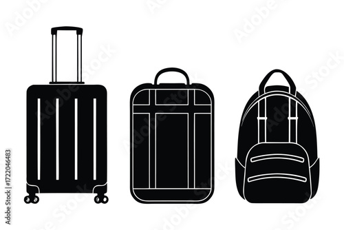 Black Silhouettes Of Rolling Suitcase, Briefcase, And Backpack luggage travel