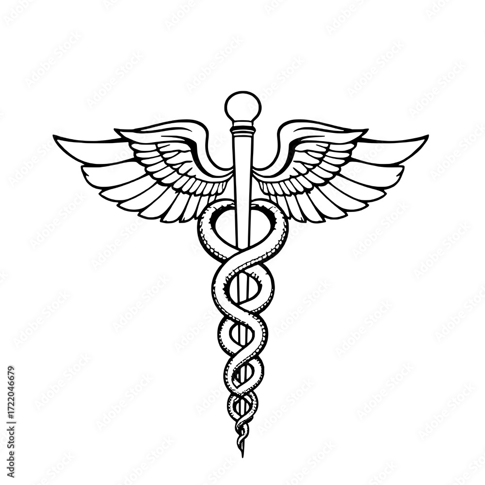 Fototapeta premium Caduceus Medical Symbol: Single, Black Outline Illustration on White Background
